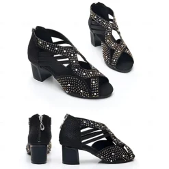 Women's Rhinestone Embellished Open-Toe Dance Shoes - Sparkly Performance Heels for Ballroom and Latin Dance