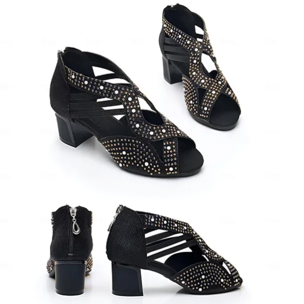 Women's Rhinestone Embellished Open-Toe Dance Shoes - Sparkly Performance Heels for Ballroom and Latin Dance