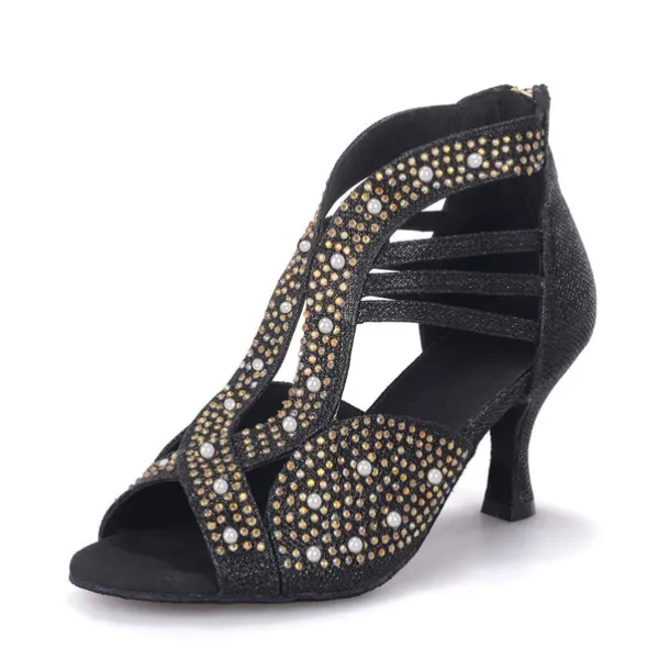 Women's Rhinestone Embellished Open-Toe Dance Shoes - Sparkly Performance Heels for Ballroom and Latin Dance