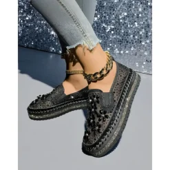 Women's Rhinestone Embellished Slip-On Sneakers with Mesh Upper and Chunky Sole - Trendy Nightlife Party and Clubbing Shoes for Ladies