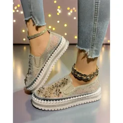 Women's Rhinestone Embellished Slip-On Sneakers with Mesh Upper and Chunky Sole - Trendy Nightlife Party and Clubbing Shoes for Ladies