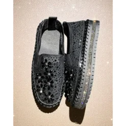 Women's Rhinestone Embellished Slip-On Sneakers with Mesh Upper and Chunky Sole - Trendy Nightlife Party and Clubbing Shoes for Ladies