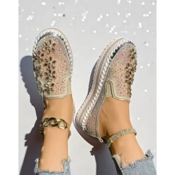 Women's Rhinestone Embellished Slip-On Sneakers with Mesh Upper and Chunky Sole - Trendy Nightlife Party and Clubbing Shoes for Ladies