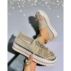 Women's Rhinestone Embellished Slip-On Sneakers with Mesh Upper and Chunky Sole - Trendy Nightlife Party and Clubbing Shoes for Ladies
