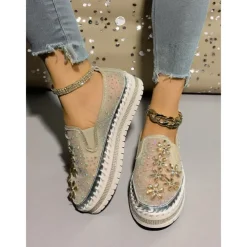 Women's Rhinestone Embellished Slip-On Sneakers with Mesh Upper and Chunky Sole - Trendy Nightlife Party and Clubbing Shoes for Ladies