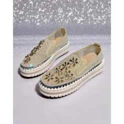 Women's Rhinestone Embellished Slip-On Sneakers with Mesh Upper and Chunky Sole - Trendy Nightlife Party and Clubbing Shoes for Ladies