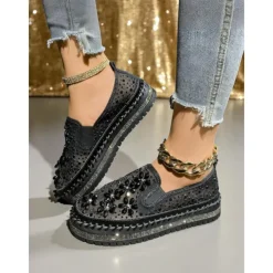 Women's Rhinestone Embellished Slip-On Sneakers with Mesh Upper and Chunky Sole - Trendy Nightlife Party and Clubbing Shoes for Ladies
