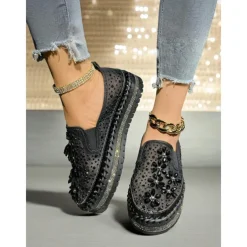 Women's Rhinestone Embellished Slip-On Sneakers with Mesh Upper and Chunky Sole - Trendy Nightlife Party and Clubbing Shoes for Ladies
