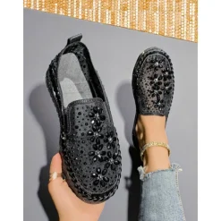 Women's Rhinestone Embellished Slip-On Sneakers with Mesh Upper and Chunky Sole - Trendy Nightlife Party and Clubbing Shoes for Ladies
