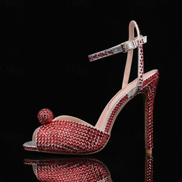 Women's Rhinestone Embellished Stiletto Heel Sandals with Ankle Strap - Sparkling Party Wedding Shoes
