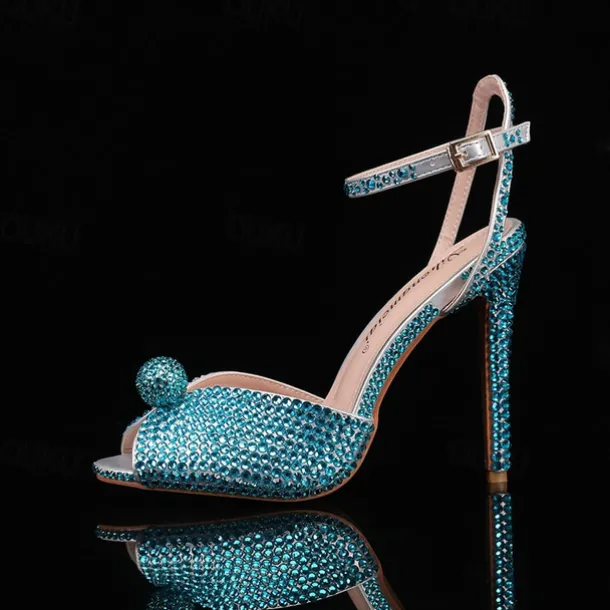 Women's Rhinestone Embellished Stiletto Heel Sandals with Ankle Strap - Sparkling Party Wedding Shoes
