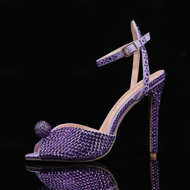 Women's Rhinestone Embellished Stiletto Heel Sandals with Ankle Strap - Sparkling Party Wedding Shoes