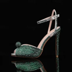 Women's Rhinestone Embellished Stiletto Heel Sandals with Ankle Strap - Sparkling Party Wedding Shoes