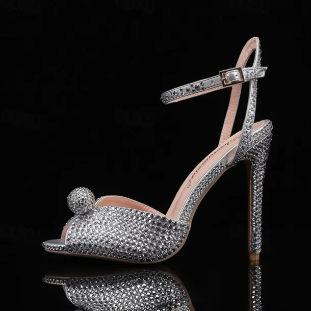 Women's Rhinestone Embellished Stiletto Heel Sandals with Ankle Strap - Sparkling Party Wedding Shoes