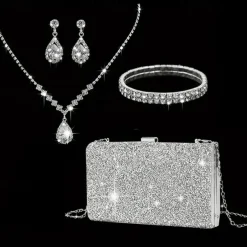 Women's Rhinestone Jewelry and Clutch Set for Weddings and Evening Parties, Sparkling Necklace, Earrings, Bracelet & Glitter Purse