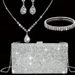 Women's Rhinestone Jewelry and Clutch Set for Weddings and Evening Parties, Sparkling Necklace, Earrings, Bracelet & Glitter Purse