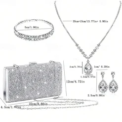 Women's Rhinestone Jewelry and Clutch Set for Weddings and Evening Parties, Sparkling Necklace, Earrings, Bracelet & Glitter Purse