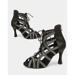 Women's Rhinestone Lace-Up Strappy Dance Shoes with Stiletto Heels and Suede Sole – Stylish Ballroom, Latin, and Salsa Performance Footwear