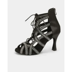 Women's Rhinestone Lace-Up Strappy Dance Shoes with Stiletto Heels and Suede Sole – Stylish Ballroom, Latin, and Salsa Performance Footwear