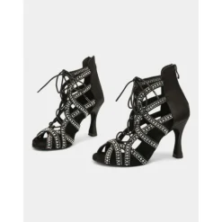 Women's Rhinestone Lace-Up Strappy Dance Shoes with Stiletto Heels and Suede Sole – Stylish Ballroom, Latin, and Salsa Performance Footwear