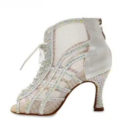 Women's Rhinestone Lace-Up Mesh Latin Dance Shoes – Glitter High Heel Ballroom Sandals for Salsa, Party & Competition