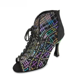 Women's Rhinestone Lace-Up Mesh Latin Dance Shoes – Glitter High Heel Ballroom Sandals for Salsa, Party & Competition