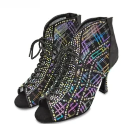 Women's Rhinestone Lace-Up Mesh Latin Dance Shoes – Glitter High Heel Ballroom Sandals for Salsa, Party & Competition