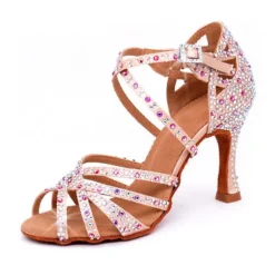 Women's Rhinestone Latin Dance Sandals with Soft Suede Sole – Strappy Ballroom Performance Heels for Salsa, Tango, and Party Events