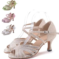Women's Rhinestone Latin Dance Shoes with Soft Suede Sole – Glitter Strappy Ballroom Heels for Salsa, Tango & Performance