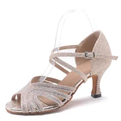 Women's Rhinestone Latin Dance Shoes with Soft Suede Sole – Glitter Strappy Ballroom Heels for Salsa, Tango & Performance