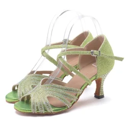 Women's Rhinestone Latin Dance Shoes with Soft Suede Sole – Glitter Strappy Ballroom Heels for Salsa, Tango & Performance