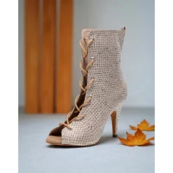 Women's Rhinestone Peep Toe Dance Booties - Sparkly Lace-Up Short Heeled Boots for Latin Ballroom and Stage Performance