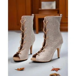 Women's Rhinestone Peep Toe Dance Booties - Sparkly Lace-Up Short Heeled Boots for Latin Ballroom and Stage Performance