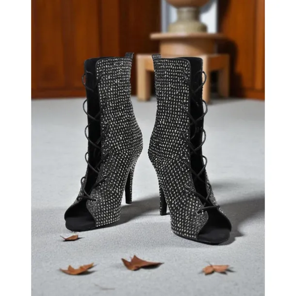 Women's Rhinestone Peep Toe Dance Booties - Sparkly Lace-Up Short Heeled Boots for Latin Ballroom and Stage Performance