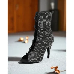 Women's Rhinestone Peep Toe Dance Booties - Sparkly Lace-Up Short Heeled Boots for Latin Ballroom and Stage Performance