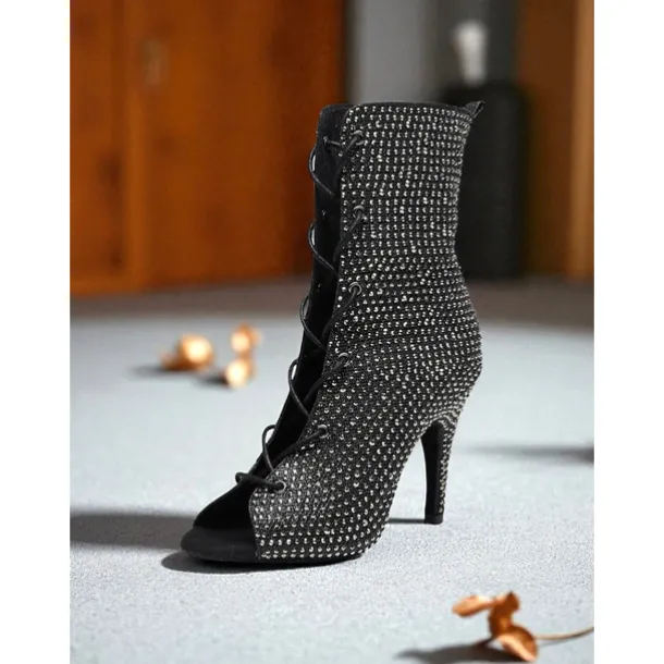 Women's Rhinestone Peep Toe Dance Booties - Sparkly Lace-Up Short Heeled Boots for Latin Ballroom and Stage Performance