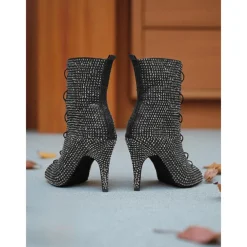 Women's Rhinestone Peep Toe Dance Booties - Sparkly Lace-Up Short Heeled Boots for Latin Ballroom and Stage Performance