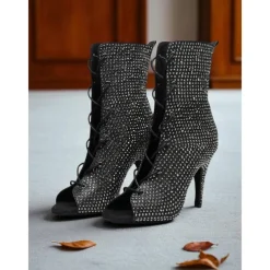 Women's Rhinestone Peep Toe Dance Booties - Sparkly Lace-Up Short Heeled Boots for Latin Ballroom and Stage Performance