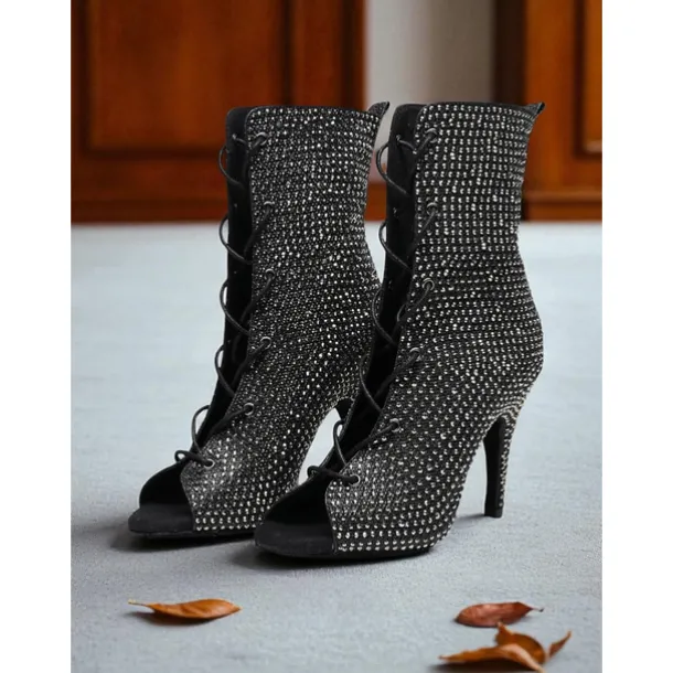 Women's Rhinestone Peep Toe Dance Booties - Sparkly Lace-Up Short Heeled Boots for Latin Ballroom and Stage Performance