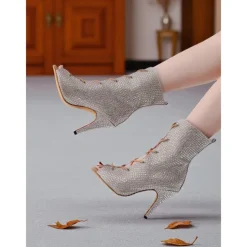 Women's Rhinestone Peep Toe Dance Booties - Sparkly Lace-Up Short Heeled Boots for Latin Ballroom and Stage Performance