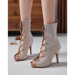 Women's Rhinestone Peep Toe Dance Booties - Sparkly Lace-Up Short Heeled Boots for Latin Ballroom and Stage Performance