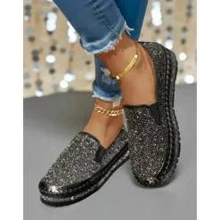 Women's Rhinestone Slip-On Platform Sneakers - Sparkly Casual Party Shoes for Nightlife and Club Outfits