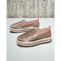 Women's Rhinestone Slip-On Platform Sneakers - Sparkly Casual Party Shoes for Nightlife and Club Outfits