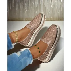 Women's Rhinestone Slip-On Platform Sneakers - Sparkly Casual Party Shoes for Nightlife and Club Outfits