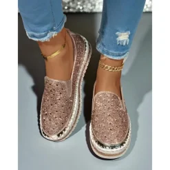 Women's Rhinestone Slip-On Platform Sneakers - Sparkly Casual Party Shoes for Nightlife and Club Outfits