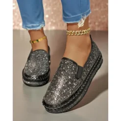 Women's Rhinestone Slip-On Platform Sneakers - Sparkly Casual Party Shoes for Nightlife and Club Outfits