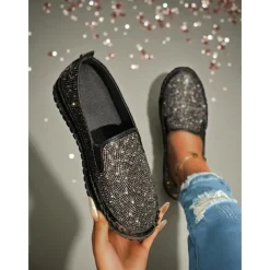 Women's Rhinestone Slip-On Platform Sneakers - Sparkly Casual Party Shoes for Nightlife and Club Outfits