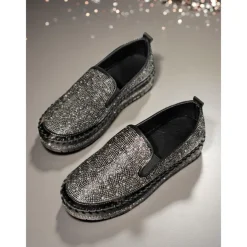 Women's Rhinestone Slip-On Platform Sneakers - Sparkly Casual Party Shoes for Nightlife and Club Outfits