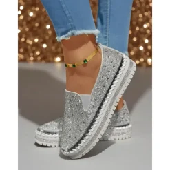 Women's Rhinestone Slip-On Platform Sneakers - Sparkly Casual Party Shoes for Nightlife and Club Outfits