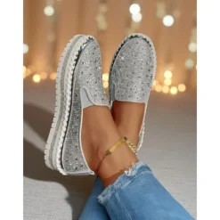 Women's Rhinestone Slip-On Platform Sneakers - Sparkly Casual Party Shoes for Nightlife and Club Outfits